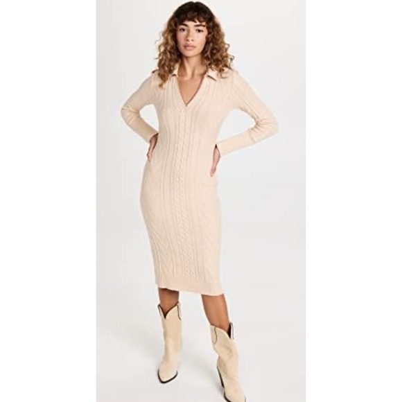 Monrow Sweaters - MONROW Women Size Medium Cable Knit Wool Blend Sweater Polo Dress Tan